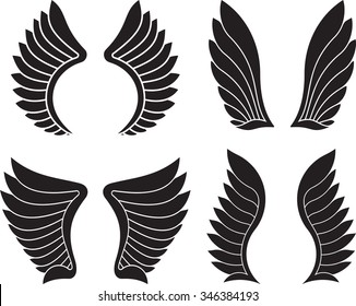 Set of four pairs of black wings. Vector illustration.