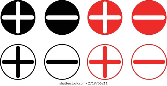 Um conjunto de quatro pares de ícones circulares em negrito com sinais de adição e subtração em vários esquemas de cores preto e branco e vermelho e branco. Esses gráficos vetoriais minimalistas representam conceitos como adição e subtração, prós e contras, positivo e negativo, zoom in e out ou botões gerais de navegação na interface do usuário.