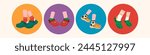 Set of four pairs of female legs wearing Crocs in a colorful circle. Trendy vector illustration.