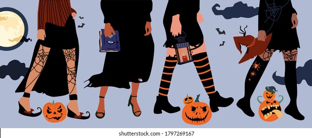 Set of four pairs female legs in stockings in a grid and boots.Halloween festival.Girls in witch costumes,black flowing dresses with torn edges,pointed hat.Hands hold attributes of the day of the dead