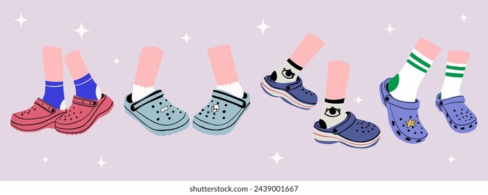 Set of four pairs of female legs wearing Crocs. Trendy vector illustration.