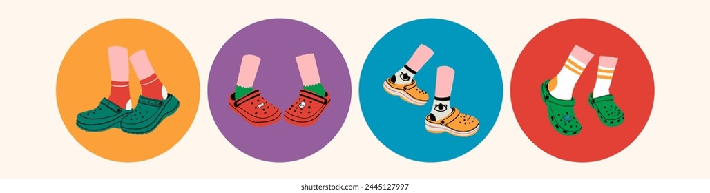 Set von vier Paar weibliche Beine tragen Crocs in einem bunten Kreis. Trendy Vektorillustration.