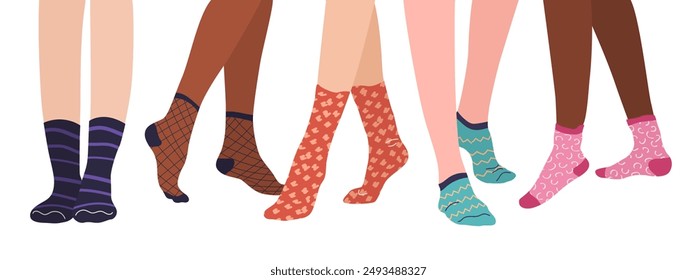 Set of four pairs of female legs in various socks. Cool bright apparel, garments. Stylish clothing for women. High and short socks. Hand drawn flat vector trendy illustration on a white background.