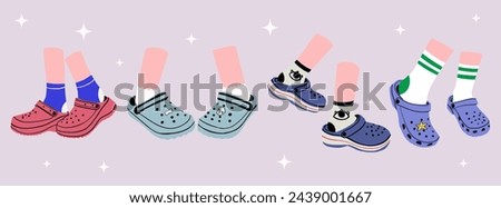 Set of four pairs of female legs wearing Crocs. Trendy vector illustration.