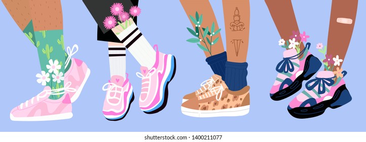 Set of four pairs of female or male legs in the sneakers. Cool bright sport footwear. Stylish platform shoes. High socks and flowers. Hand drawn vector colored trendy illustration. Flat design