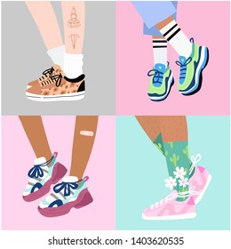 Set of four pairs of female or male legs in the sneakers. Cool bright sport footwear. Stylish platform shoes. High socks and flowers. Hand drawn vector colored trendy illustrations. Flat design