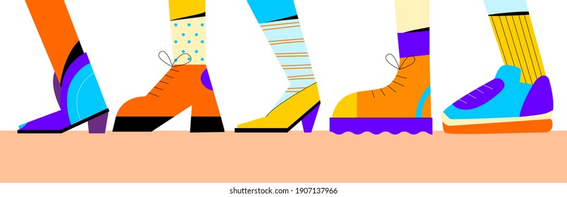 Set of four pairs of female or male legs in the modern shoes. Cool bright  footwear, stylish platform shoes. High socks.Hand drawn vector colored trendy illustration. Flat design