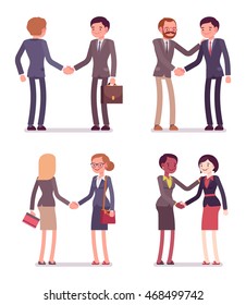 Set of four pairs handshaking. Men and women are in a formal wear. The set of characters isolated against the white background. Cartoon vector flat-style business illustration