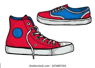 Set of four pairs of red sneakers drawn in a sketch style. Vector illustration.