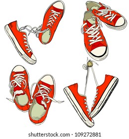 Set of four pairs of red sneakers in different positions drawn in a sketch style. Vector illustration.