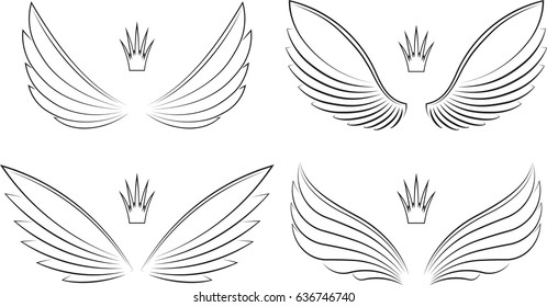 Set of four pairs of wings with crowns. Vector illustration.