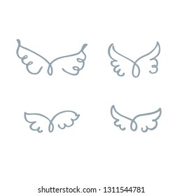 Set of four pairs of wings drawn by vector free line. Drawn by hand, sketch, doodle. Cute vector illustration.