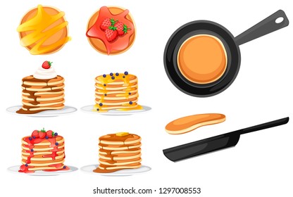 Set of four pancakes with different toppings. Pancakes on white plate. Baking with syrup or honey. Breakfast concept. Fluffy pancake in frying pan. Flat vector illustration on white background. svg