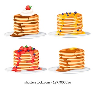 Set of four pancakes with different toppings. Pancakes on white plate. Baking with syrup or honey. Breakfast concept. Flat vector illustration isolated on white background.