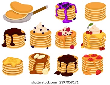 Set of four pancakes with different toppings. Stacks of tasty pancakes with maple syrup, butter, chocolate syrup, fruits and jam. Hotcake morning cuisine.