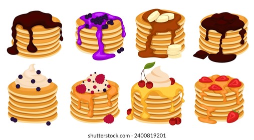 Set of four pancakes with different toppings. Stacks of tasty pancakes with maple syrup, butter, chocolate syrup, fruits and jam. Hotcake morning cuisine.