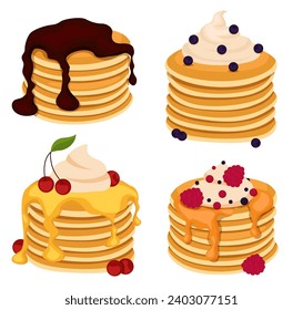 Set of four pancakes with different toppings. Stacks of tasty pancakes with maple syrup, butter, chocolate syrup, fruits and jam. Hotcake morning cuisine.