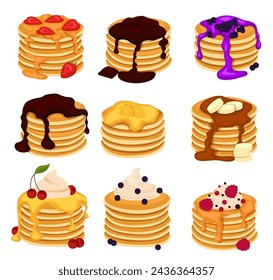 Set of four pancakes with different toppings. Stacks of tasty pancakes with maple syrup, butter, chocolate syrup, fruits and jam. Hotcake morning cuisine.