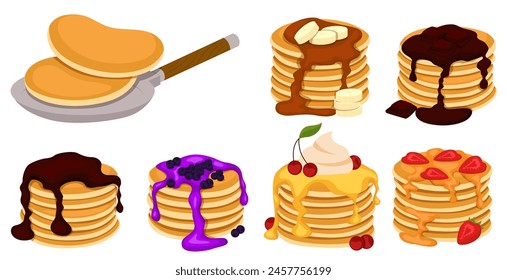 Set of four pancakes with different toppings. Stacks of tasty pancakes with maple syrup, butter, chocolate syrup, fruits and jam. Hotcake morning cuisine.