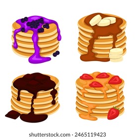 Set of four pancakes with different toppings. Stacks of tasty pancakes with maple syrup, butter, chocolate syrup, fruits and jam. Hotcake morning cuisine.