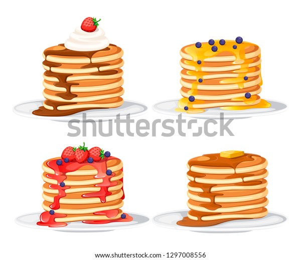 4つのパンケーキのセット 白い皿にパンケーキ シロップや蜂蜜で焼く 朝食のコンセプト 白い背景に平らなベクターイラスト のベクター画像素材 ロイヤリティフリー