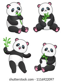 Set of four pandas with bambooDesign element for baby shower card, scrapbook, invitation, baby goods and childish accessories. Isolated on white background. Vector illustration.