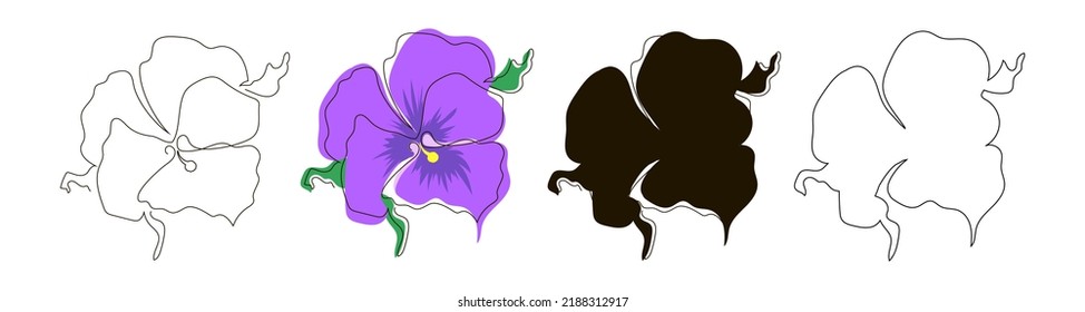 Set of four pansy-eye blossoms in single line, doodle, outline and black silhouette style. Stock vector illustration, isolated on white background.