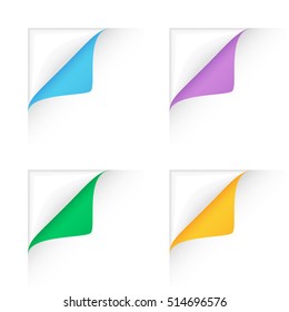 Set of four paper corner color folds on white background. Realistic vector paper page with curl corner and blank space for text illustration isolated on white background.