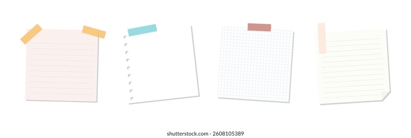 Set of four paper notes with colorful tape. Notes include lined, grid, and plain styles. Perfect for reminders, lists, and notes. Tape adds a colorful touch. Memo element vector set.