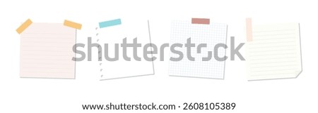 Set of four paper notes with colorful tape. Notes include lined, grid, and plain styles. Perfect for reminders, lists, and notes. Tape adds a colorful touch. Memo element vector set.