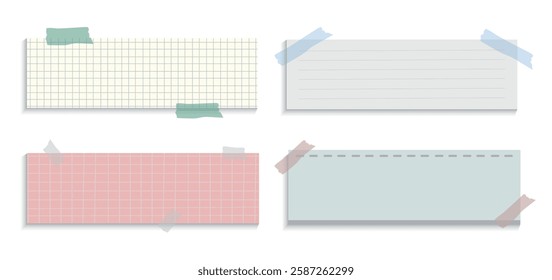 Set of four paper notes with grid, lined, and plain designs. Notes with tape. Grid paper, lined paper, plain paper. Notes with tape for decoration. Cute memo vector illustration set.