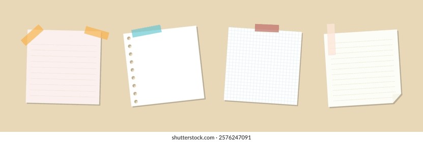 Set of four paper notes: lined, grid, plain, and perforated. Each note is taped with colorful tape. Perfect for reminders, lists, or notes. Memo element vector set.