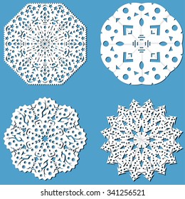 Set of four paper snowflake, origami, handmade christmas decoration, vector