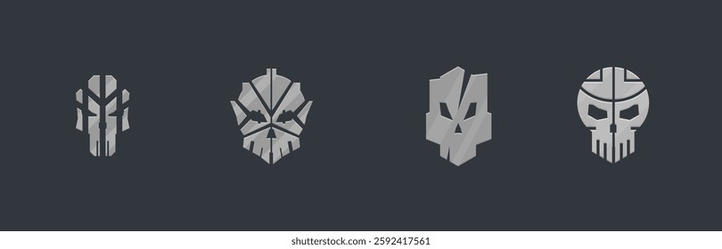 Set Of Four Parted Skulls Sci Fi Futuristic Logo Element For Military Game UI E-sport Isolated Vector Design