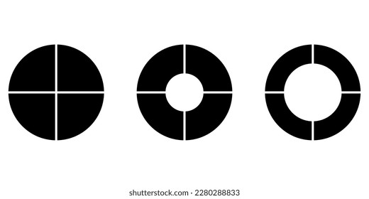 Satz von vier Teilen des Kreises. Pie-Diagramm mit vier gleichen Sektoren. Vektorgrafik einzeln auf weißem Hintergrund.