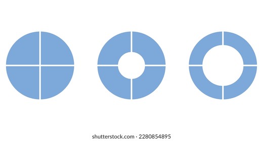 Satz von vier Teilen des Kreises. Pie-Diagramm mit vier gleichen Sektoren. Vektorgrafik einzeln auf weißem Hintergrund.