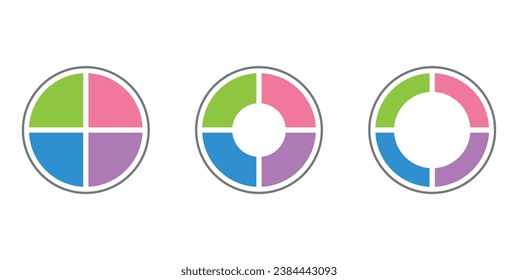 Conjunto de cuatro partes de círculo. Gráfico circular con cuatro sectores del mismo tamaño. Círculo Recursos matemáticos para profesores y estudiantes. Ilustración vectorial aislada en fondo blanco.