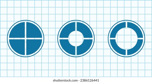 Set of four parts of circle. Pie chart with four same size sectors. Circle quarter. Mathematics resources for teachers and students. Vector illustration isolated on white background.