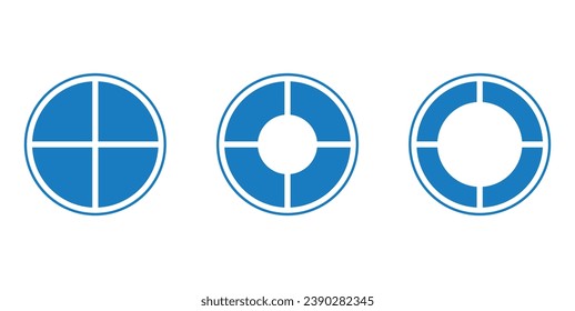 Set of four parts of circle. Pie chart with four same size sectors. Circle quarter. Mathematics resources for teachers and students. Vector illustration isolated on white background.