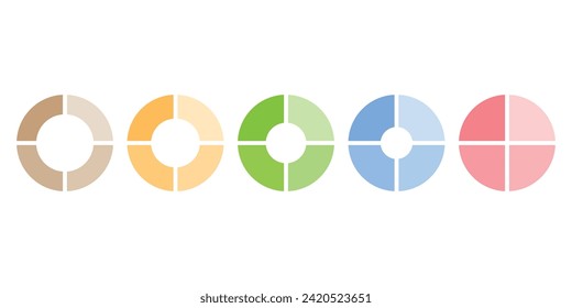 Set of four parts of circle. Pie chart with four same size sectors. Vector illustration isolated on white background.