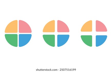 Conjunto de cuatro partes de círculo. Gráfico circular con cuatro sectores del mismo tamaño. Ilustración vectorial aislada sobre fondo blanco.