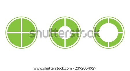 Set of four parts of circle. Pie chart with four same size sectors. Circle quarter. Mathematics resources for teachers and students. Vector illustration isolated on white background.