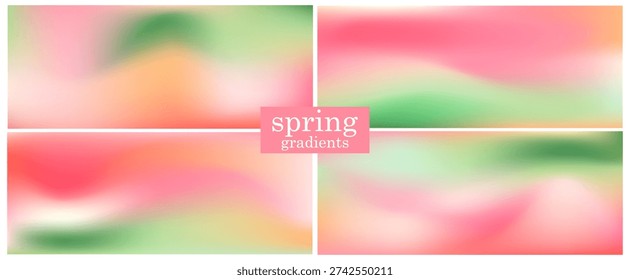 Set of four pastel backgrounds with a soft mesh gradients in green and pink spring tones