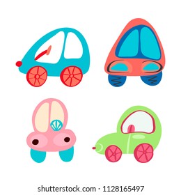 Set of four pastel cars on white background. Coloring book. Hand drawn. Childrens cars. Toys, car. Paint on the model.