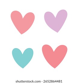 Set of four pastel hearts in pink, purple, and blue shades, great for greeting cards, love-themed prints, or sweet decorative elements for kids.