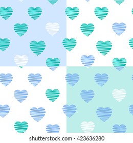 Set of four pastel minimalistic seamless vector patterns with hearts. Warm minty palette.  Green, Mint, Blue and White Hearts. Modern simple geometric backgrounds. 