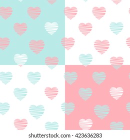 Set of four pastel minimalistic seamless patterns with hearts. Warm colorful palette. Mint, pink, white. Vector illustration for home and fashion design. Baby shower, invitations, linens, textile. 