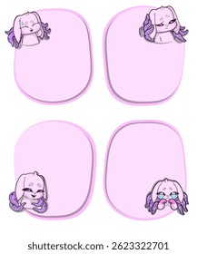 Set of four pastel pink text frames featuring a sly bunny with tentacles growing from its back. Whimsical and surreal style.