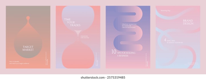 Set of four pastel posters with abstract designs. Pastel colors, abstract shapes, and modern layouts create a soft, artistic vibe. Perfect for branding. Gradient pastel marketing template vector set.