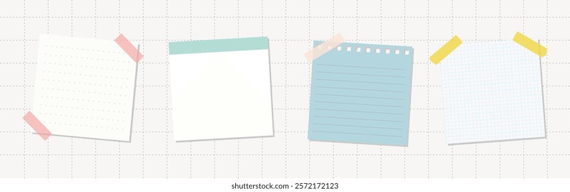 Set of four pastel sticky notes with grid and lined patterns. Sticky notes in pastel colors, perfect for reminders. Pastel sticky notes for office or school use. Memo element vector set.